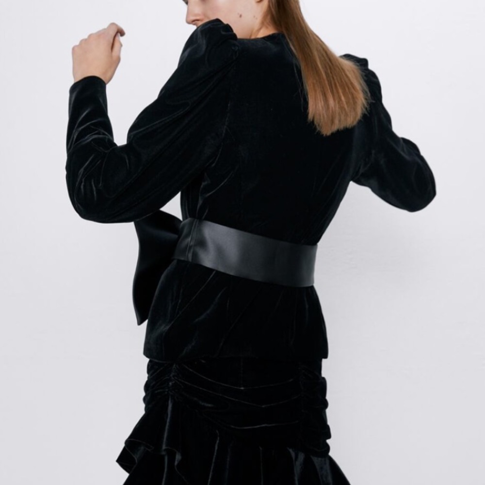 Zara Black Velvet Jacket and Skirt set-with Satin Bow Belt NWOT - Picture 3 of 7